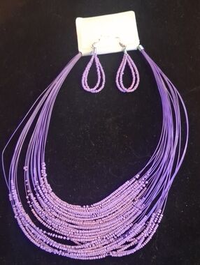Handmade Purple Beaded Multi-Strand Necklace & Earrings Set
